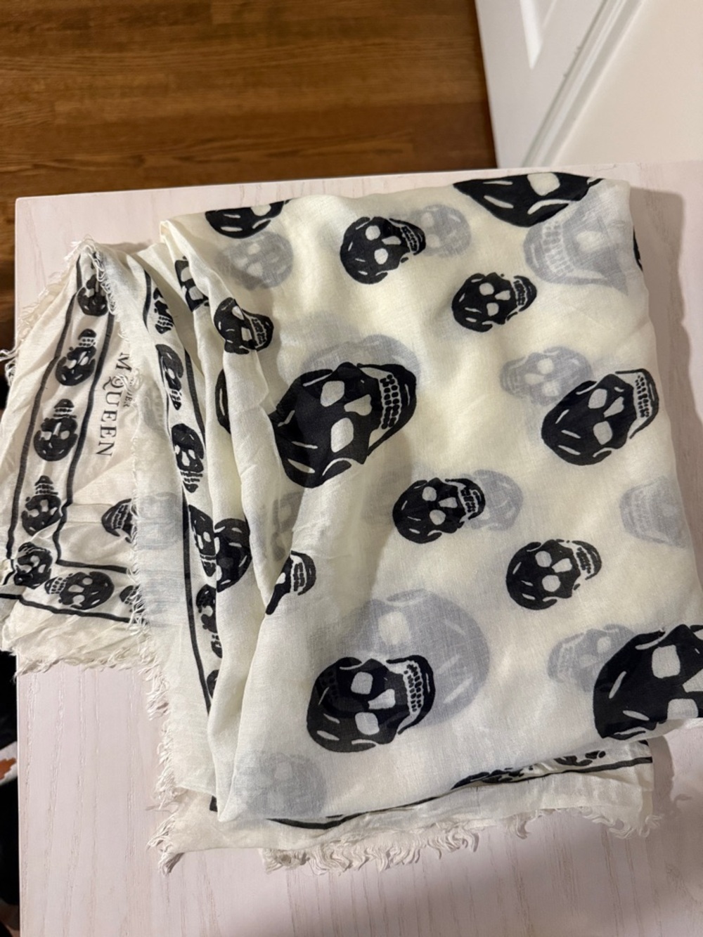 Alexander McQueen Black and Ivory Skull Motif Silk Scarf